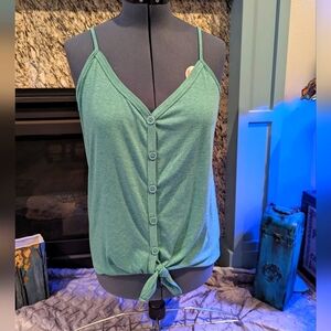 Sage Green button down tank with tie front - L